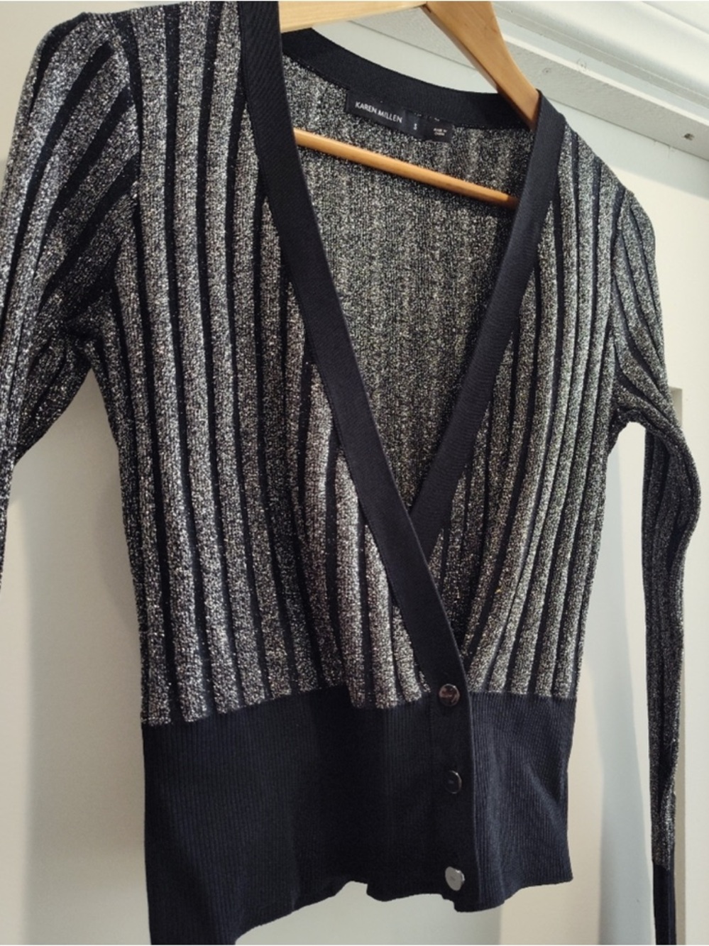Karen Millen Navy Blue & Silver Metallic Stripe Wrap Cardigan